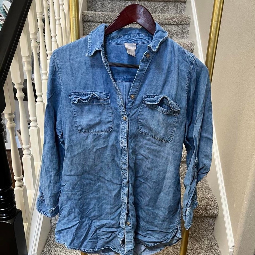 Chico's blue tencil button up shirt oversized 4-6 costal vacation